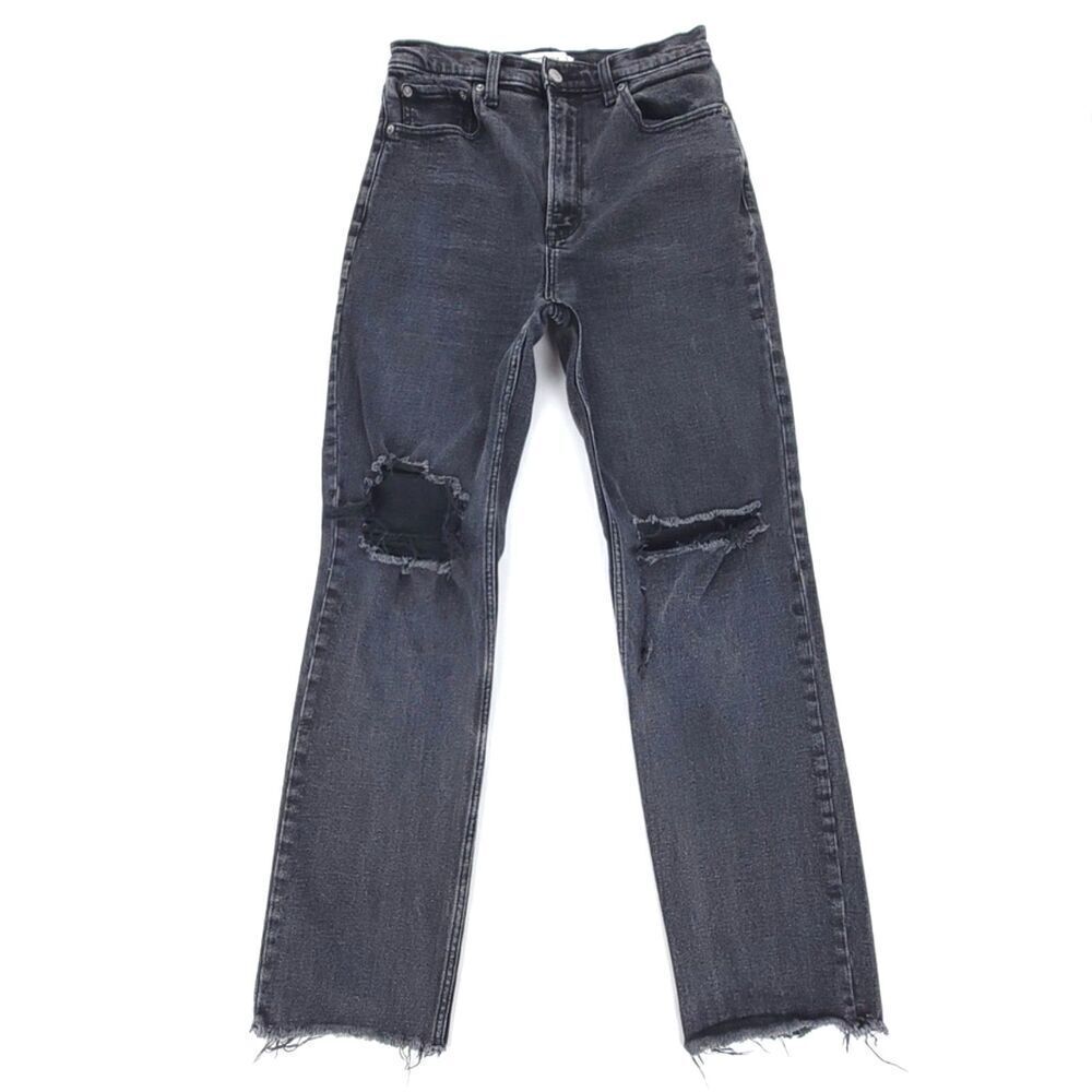 ABERCROMBIE Ankle Straight Ultra High Rise Raw Hem Jeans Distressed Black 28